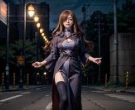 Wiz KonoSuba RavenAeye 一位穿著藍色洋裝的女子站在路邊。