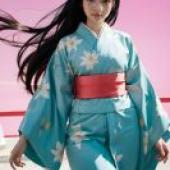 阿良良木月火，物語系列，身穿藍色連身裙，繫著紅色腰帶的女孩。