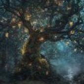 Misty Forest，A tree covered in green leaves with fairy lights shining.