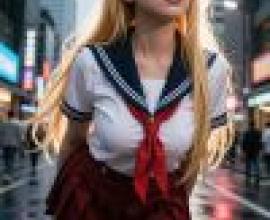 街上站著一個穿著制服、長髮的女孩。