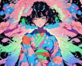 日本彩色女孩，黑髮，戴藍色圍巾，粉紅色