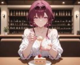 kafka honkai star rail，A girl with pink hair eating cake.