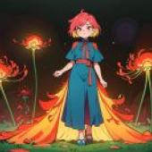 Polychrome，A cartoon woman with red hair and a blue dress.