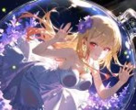 北川真凜，動漫角色，穿著白色連身裙，頭髮上戴著紫色蝴蝶結。