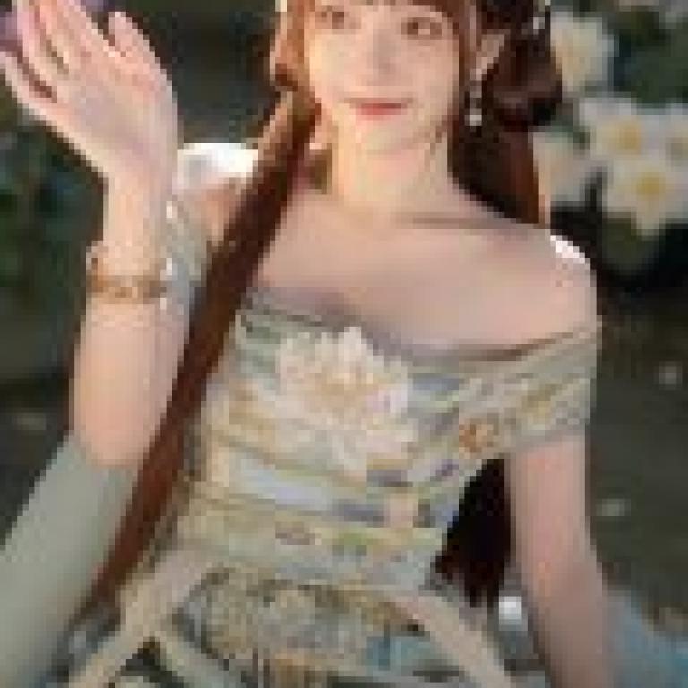 Predestined relationship，Asian woman in blue dress waving.