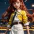 Mobile wallpaper， Reggie Abbott， Twelve Forever， realistic， a girl with red hair and a yellow jacket is standing in front of the city skyline.