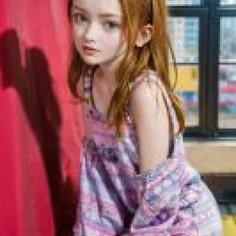 手機桌布，莎蒂·辛克 Sadie Elizabeth Sink，寫實，一個穿著粉紅色洋裝的小女孩在窗前擺姿勢。