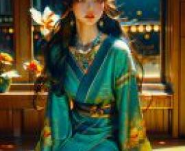 Mobile phone wallpaper， Hanfu， realistic， a girl in blue clothes and flowers on her head.