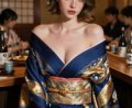 Kimono Phantom，A woman in blue dress is sitting on a stool and eating food.