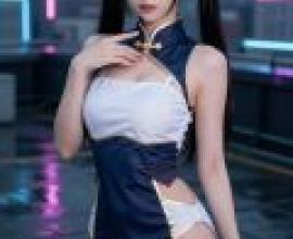 旗袍女神幻想，一位身穿藍色旗袍的女孩。