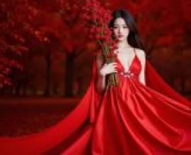 Red Dream，Woman in red dress holding roses.
