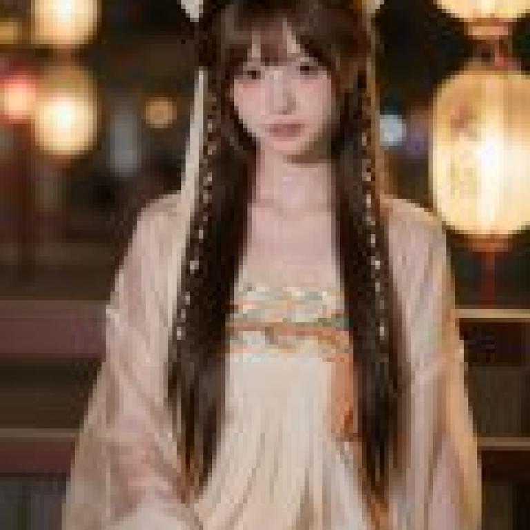 Night in Changan，A woman with long hair and bangs sits in front of lanterns.