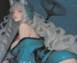 狐狸仙子，藍色動漫插畫，背景有一把扇子。