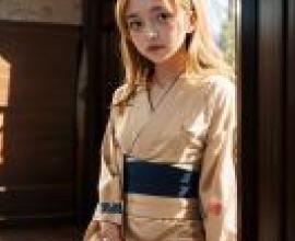 Aleksandra Pokryshkin 勇敢的女巫 穿著和服的小女孩坐在長椅上。