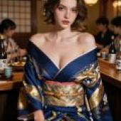 和服魅影，一位穿著藍色洋裝的女子坐在凳子上吃東西。