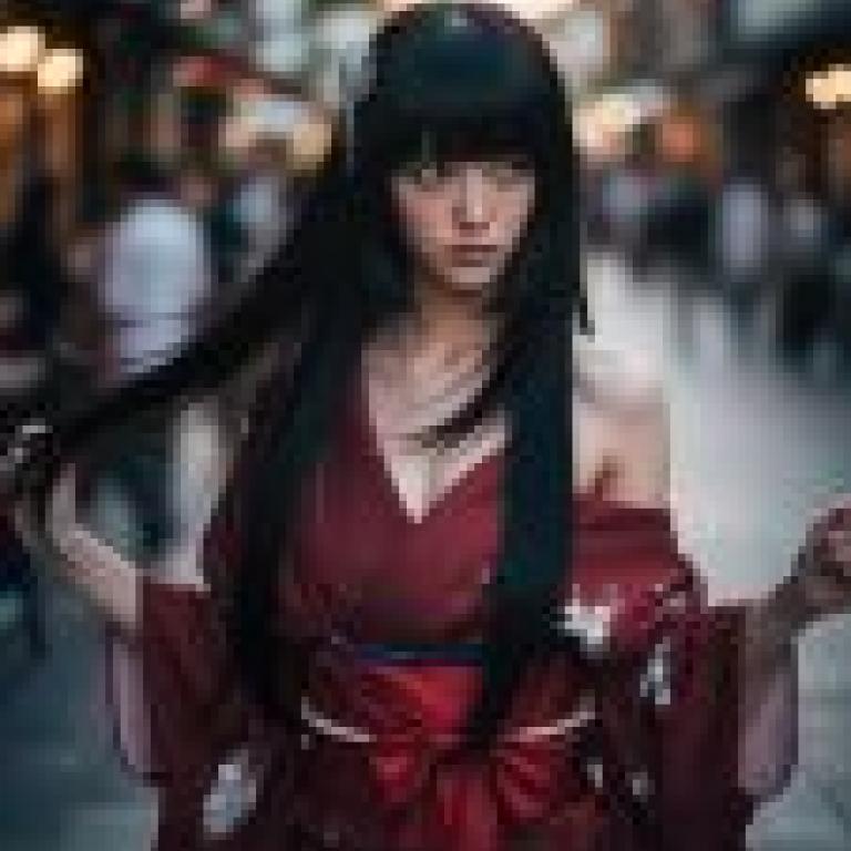 攝影師：一位身穿紅黑服裝、頭戴蝴蝶結的女士。