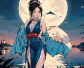 月下美人，一名婦女站在水邊，天空中有一隻鳥。