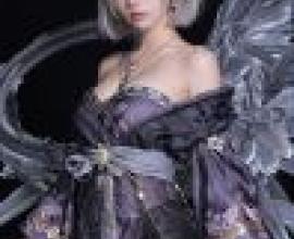 parallel，A woman with wings is wearing purple and black.