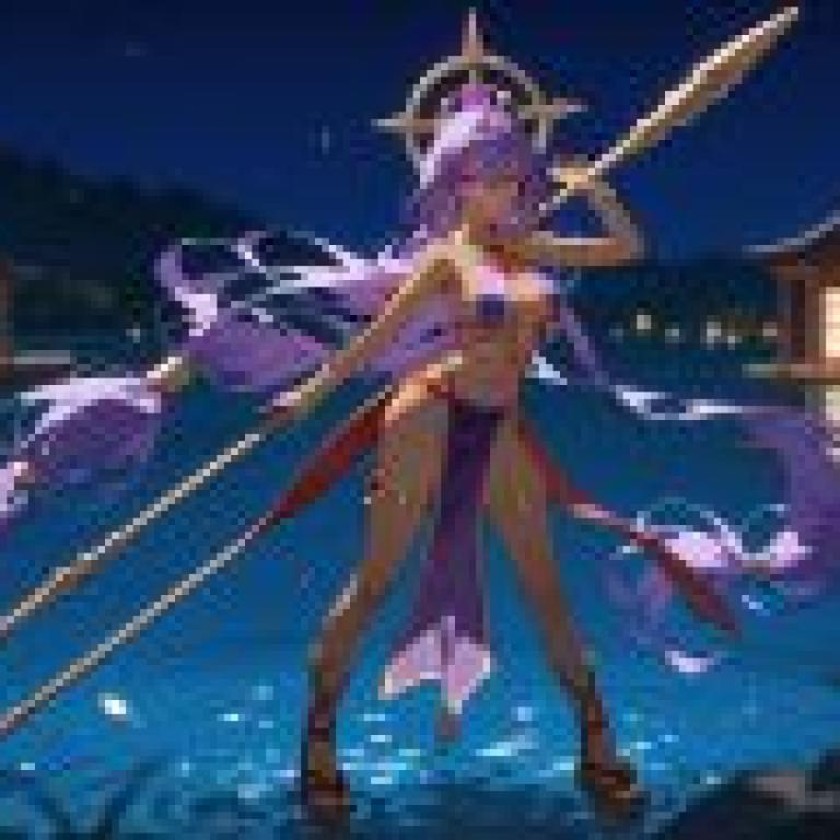 埃及風性感女神，身穿紫色洋裝、頭戴金色頭飾、手持兩把劍的女性電玩角色。
