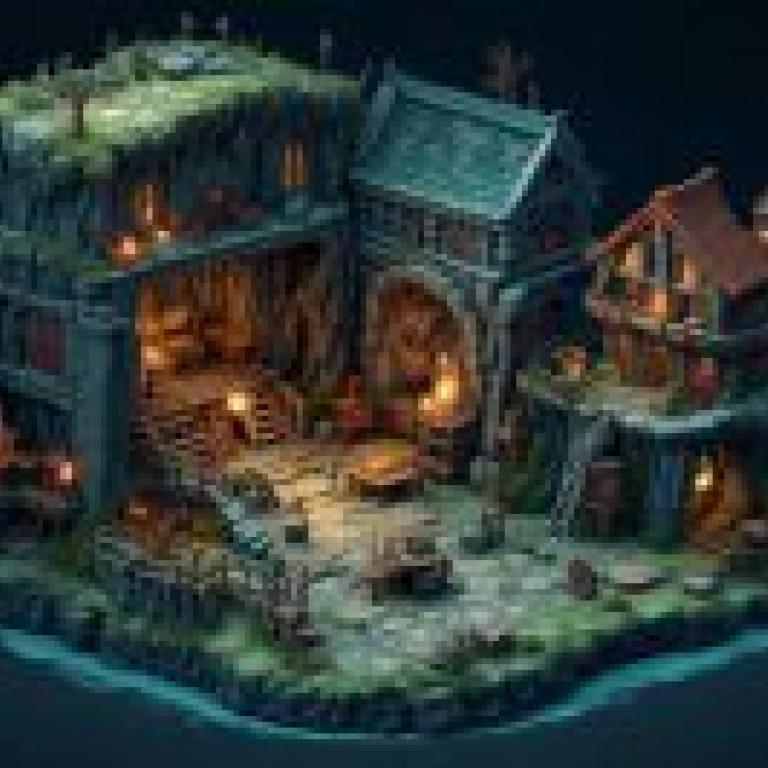 幻想小屋，夜空下的村莊，被火把和蠟燭照亮。
