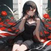 Bloody Ribbon，A girl with a black dress and red roses around her.