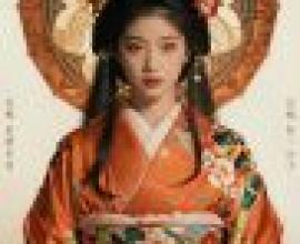 Japanese kimono clad beauties，Asian girl in an oriental costume with black and red bow.
