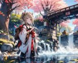 一個卡通風格的女孩，在櫻花和流水的映襯下，看著身後的某個東西。