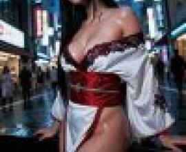 kimono，A geisha with red and white kimono.