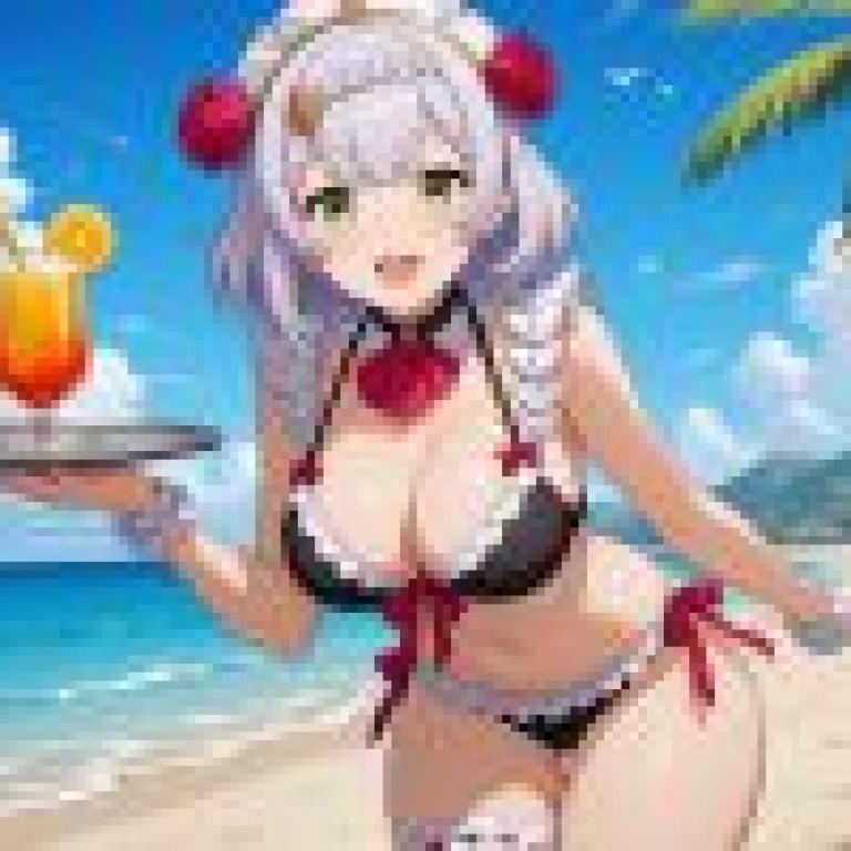girls，A cartoon of a girl with a tray on a beach.