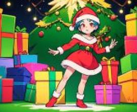 彩色照片，聖誕節時，一個女孩站在舞台上，面前擺放著繫著蝴蝶結的禮物。