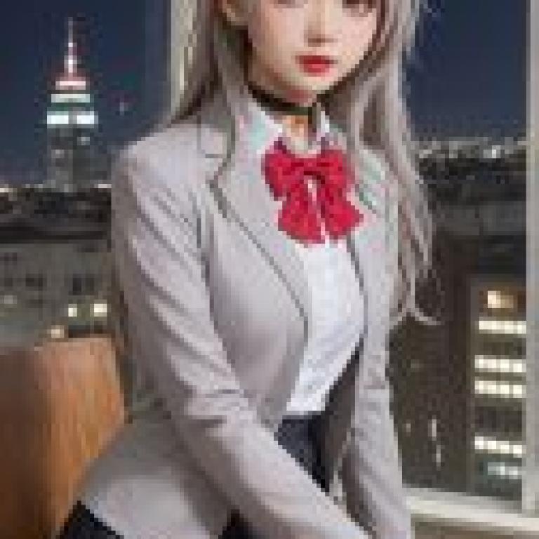 Alisa Mikhailovna Alya Kujou，A girl in a gray blazer is looking out the window at the city skyline.