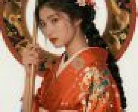 身著日本和服的美女，女孩頭後有一輪巨大的金色太陽。