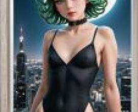 Tatsumaki，One Punch Man，一位身穿綠色洋裝的女子坐在窗邊，俯瞰著城市景觀。