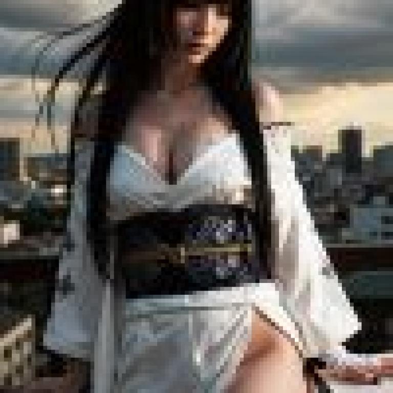 kimono，Asian model with black hair， white dress and gold belt.