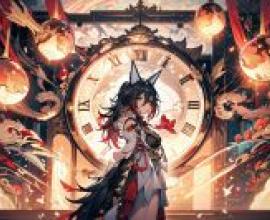 時間盡頭：一個女孩站在一個有羅馬數字的鐘前。