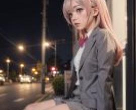 Oyama Mahiro Onimai Im Now Your Sister，Onimai，A girl with pink hair and a gray suit is sitting on a ledge next to a building.