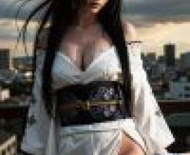 kimono，Asian model with black hair， white dress and gold belt.