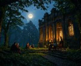 Fairy Tale House，A group of people are sitting outside near an old building at night.