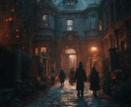 一條陰森黑暗的小巷，老舊街道上的萬聖節場景。