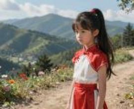 ZIT TEST 51，A little girl in a red dress looks sad on the side of a path.