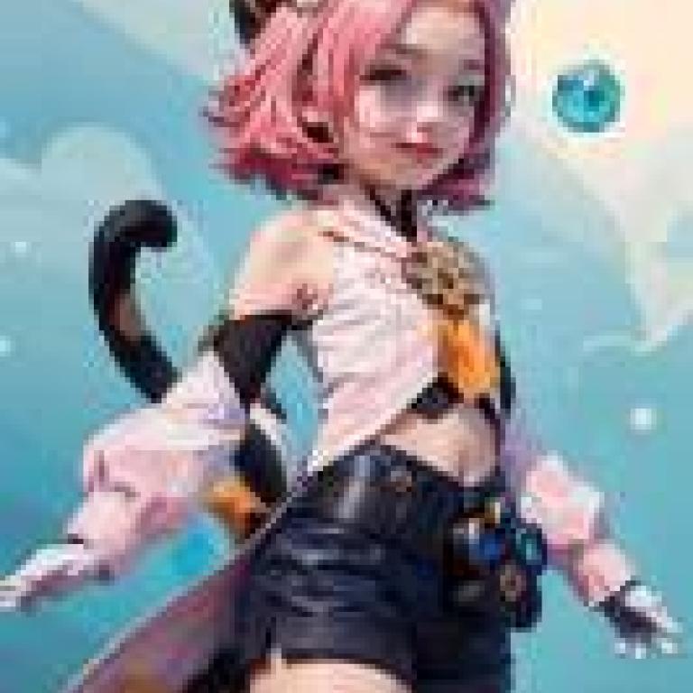 Diona K tzlein 迪奧娜·凱茨萊茵，Pink girl with cat ears holding blue ball.
