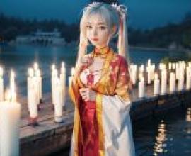 Tomotake Yoshino Senren BankaA beautiful girl is standing near the candles.