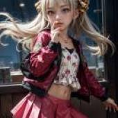 手機桌布，Risa Matoba， Cinderella Girls，寫實，一個金髮女孩，穿著紅色的裙子，戴著帽子和夾克，站在鏡子前。