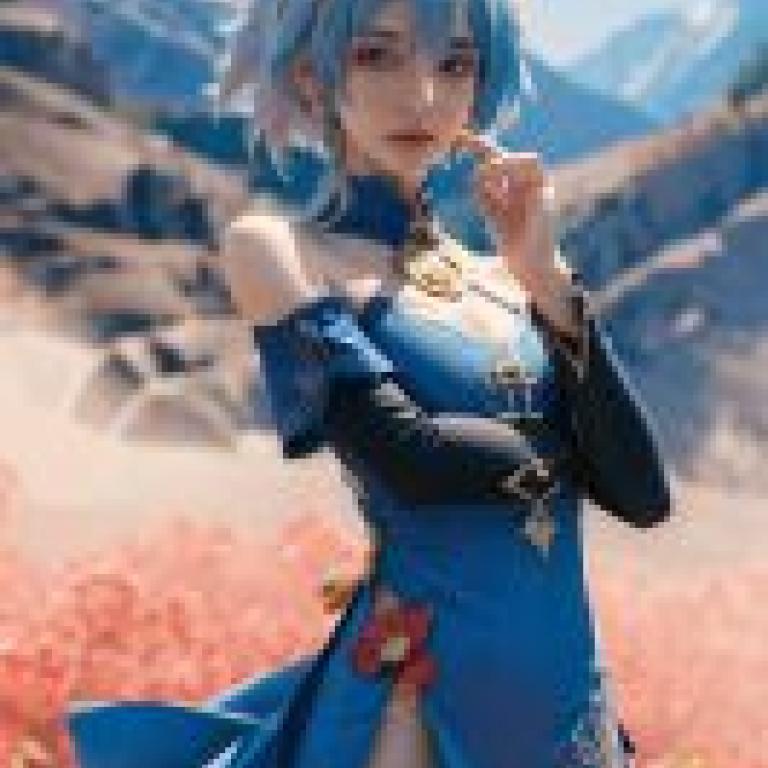 Ganyu，Genshin Impact，Blue girl in front of mountains.