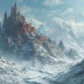 city in snow，雪景環繞，群山環繞，背景是一座城堡般的建築。