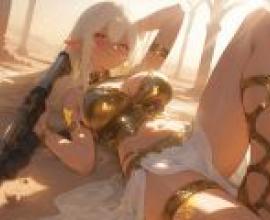 Desert mirage，Anime girl lying on ground holding gun.