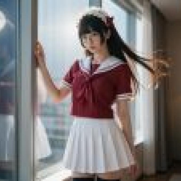 Street photography，A girl dressed up as a sailor standing in front of the window.