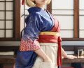 Chisato Nishikigi Lycoris Recoil，A woman in a kimono with red ribbon in her hair.