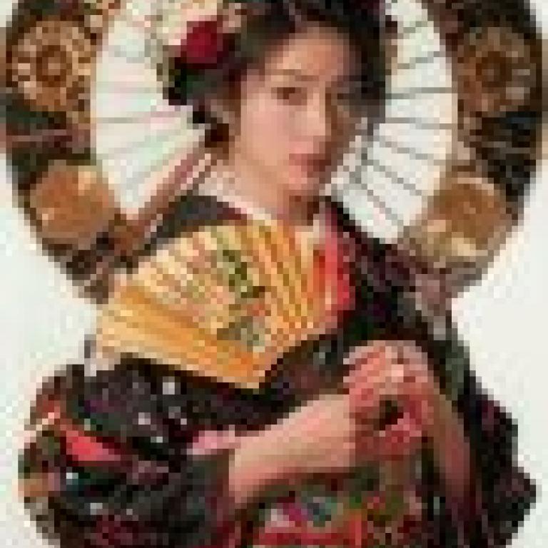 身穿日本和服的美女，一位身穿亞洲服飾的模特兒身後撐著一把打開的雨傘。