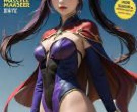 Mona Megistus Genshin Impact，身穿藍色和紅色服裝的紫色頭髮女孩。